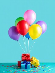 colorful balloons and wrapped gifts with confetti on cyan background