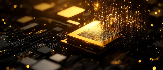 Abstract cybersecurity concept art with matte black base and holographic gold reflections, 3D pop-up lock with iridescent gold metal surface, advanced digital environment, fine cyber details, negative