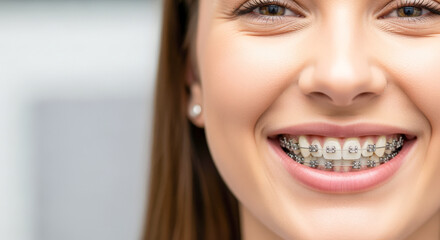 Young woman smiling showing dental braces on teeth for orthodontic treatment.