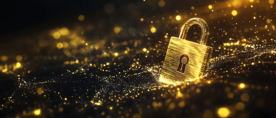 Abstract cybersecurity concept art with matte black base and holographic gold reflections, 3D pop-up lock with iridescent gold metal surface, advanced digital environment, fine cyber details, negative