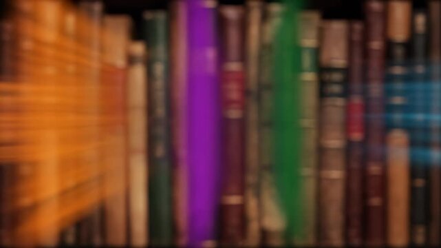 Abstract motion graphic loop featuring heavily blurred vertical strips of color transitioning smoothly across a background resembling book spines seamless, conceptual, heavily