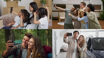 A lively collage showcases diverse groups of friends and families taking selfies in various settings, from cozy interiors to outdoor adventures, celebrating connections and making memories.