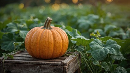 Obraz premium Pumpkin resting on a wooden surface amidst green leaves in a pumpkin patch during fall season.
