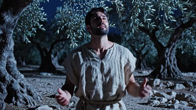 Jesus Christ praying in the Garden of Gethsemane at night. A biblical reenactment of the passion and suffering. The story of Easter and Holy Week