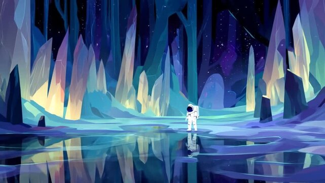 Astronaut exploring alien landscape with crystalline formations and water