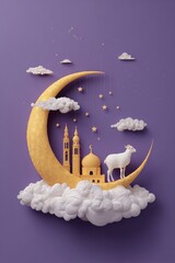 Eid mubarak celebration with golden crescent moon mosque goat on purple background