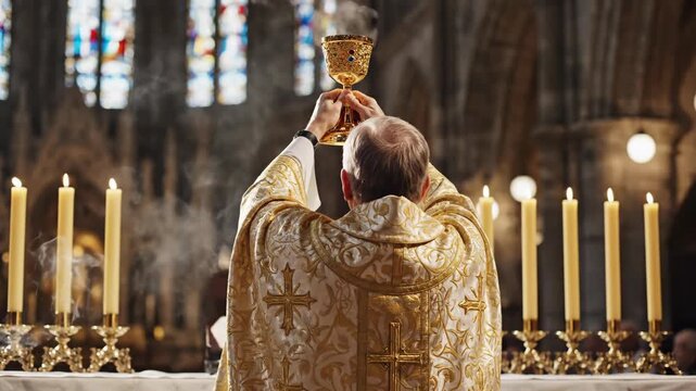 A Catholic priest raises a golden chalice during the Eucharist at a church altar. Consecration of wine during a solemn Holy Mass ceremony. Christian faith and religious tradition