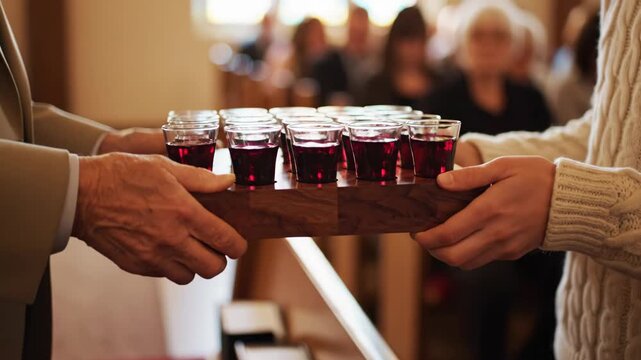 Serving communion during a Christian church service. Hands pass a tray with cups of wine for the eucharist. Holy sacrament and faith tradition