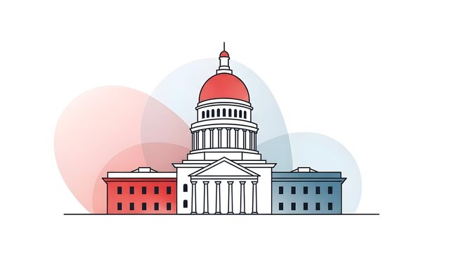 Illustration of a government building with a prominent dome and flanking structures