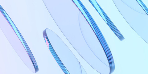 Obraz na płótnie Canvas Futuristic minimalist design with floating transparent discs in soft blue hue. 3d render