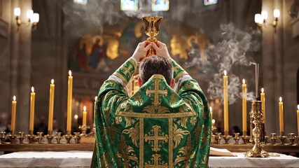 A priest celebrates the Eucharist during a mass in a church. Clergyman in green vestments raises a golden chalice over the altar. Christian worship and Holy Communion ceremony