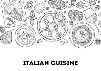 Italian cuisine top view frame. Italian food. Vector drawing illustration. Set of sketches of Italian dishes. Food menu design template. Not AI generated.