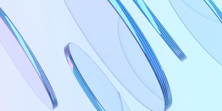 Futuristic minimalist design with floating transparent discs in soft blue hue. 3d render
