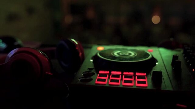 Professional DJ controller and headphones with neon lighting in a dark club