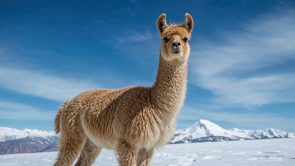 Obraz premium Llama standing in snow with mountain range in the background. Snowy landscape and mountain environment. Nature and wildlife scene. The concept of wild animals in cold climates.