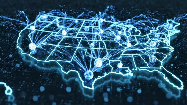 Abstract motion graphic loop featuring neon blue energy lines pulsing and connecting simulated metropolitan centers across the illuminated outline of the national map clean, high, information