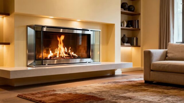 Cozy living room featuring a modern gas fireplace insert with clean flames and a sleek design enhancing the interior ambiance.