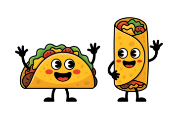 Cute taco and burrito cartoon characters waving isolated on transparent background