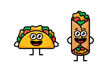 Cute taco and burrito cartoon characters isolated on transparent background