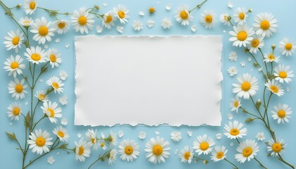 Fresh White Daisy Floral Frame with Blank Center on Soft Blue Background, Minimal Spring Botanical Border Perfect for Greeting Cards and Invitations