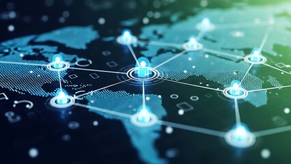 Global network connections and people icons on world map