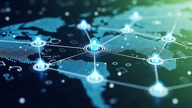 Global network connections and people icons on world map - Powered by Adobe