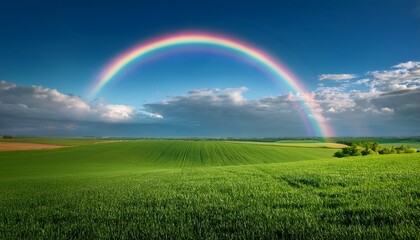 Vivid Arc Of A Rainbow Spans The Horizon Contrasting Beautifully With The Green Fields Below