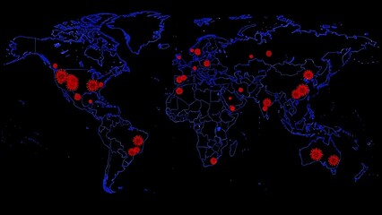 Global virus outbreak map with red spots on blue world map