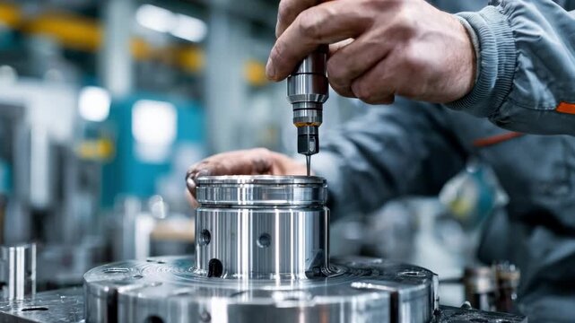 Technician performing precise lubrication on an industrial die to reduce friction and enhance equipment lifespan in a clean workshop setting.