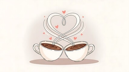 Two cups of coffee forming a heart with steam, surrounded by hearts