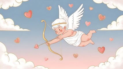 Cupid shooting an arrow amidst floating hearts and fluffy clouds