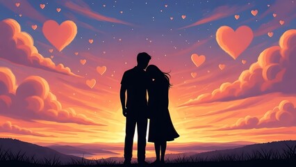 A romantic couple silhouette embracing each other under a stunning sunset with heart-shaped balloons floating in the sky.