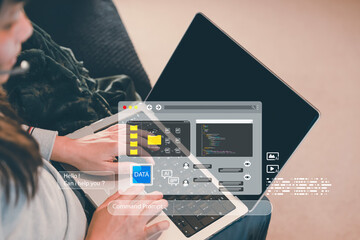 Woman using  laptop with AI chatbot prompt, generative AI tools, virtual assistant, and smart content creation interface. Great for multimedia, tech innovation, and digital assistant concepts