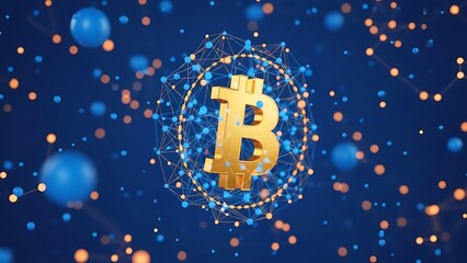 Golden bitcoin symbol with blue and orange dots on dark blue background