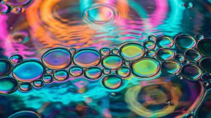 Abstract Macro Background of Oil and Water Bubbles with Vibrant Neon Colors