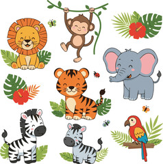  Isolated on Cute cartoon jungle animals set with tropical plants vector illustration