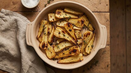 Delicious Roasted Parsnips with Fresh Thyme and Sea Salt in a Ceramic Baking Dish