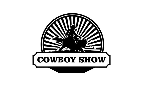 Dynamic Cowboy Show Logo with Rider on Horseback Silhouette.