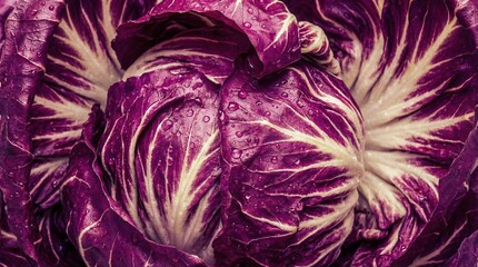 Close Up of Fresh Purple Radicchio Leaves with White Veins and Water Droplets
