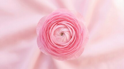 Symmetrical Pink Ranunculus Flower Blossom on a Soft Pink Textile Background