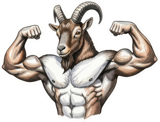 Muscular goat flexing its muscles in a powerful pose isolated on transparent background