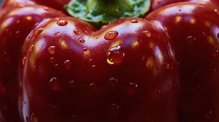 Fresh Red Bell Pepper with Shiny Skin and Dew Water Droplets Macro View