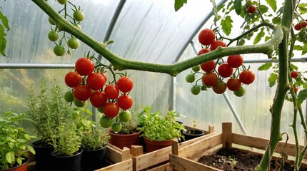 Red and green cherry tomatoes ripening on vines in a sunny greenhouse, organic home gardening and vegetable farming