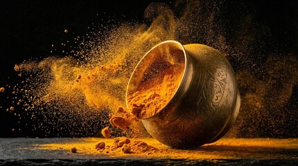 Dynamic turmeric powder explosion from a brass bowl on a dark background, vibrant yellow spice scattering in motion