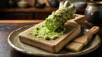 Authentic fresh wasabi root being grated on a traditional Japanese sharkskin grater, gourmet sushi ingredient