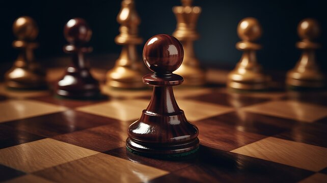 Polished dark wooden pawn standing on a chessboard with a shallow depth of field, representing strategic positioning and individual importance in a complex system.