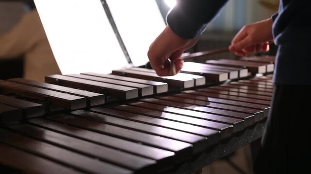 A close-up of a man playing the xylophone in silhouette in a concert hall. A teacher demonstrates how to play percussion instruments, percussion against the spotlight.