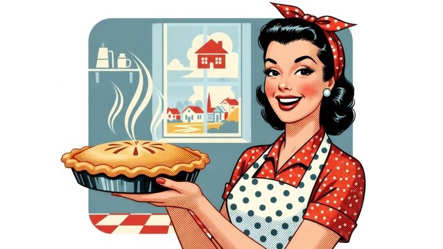 Woman holds hot steaming pie in a retro kitchen setting, depicting a homemaker or baker character in a 1950s pop art style.