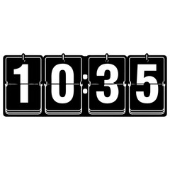 Black and white flip clock display showing the time 10:35, minimalist retro countdown timer style isolated on a white background.