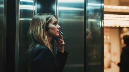 Business woman engages in phone conversation inside elevator during busy workday, business woman talks on the phone in an elevator with a glass wall